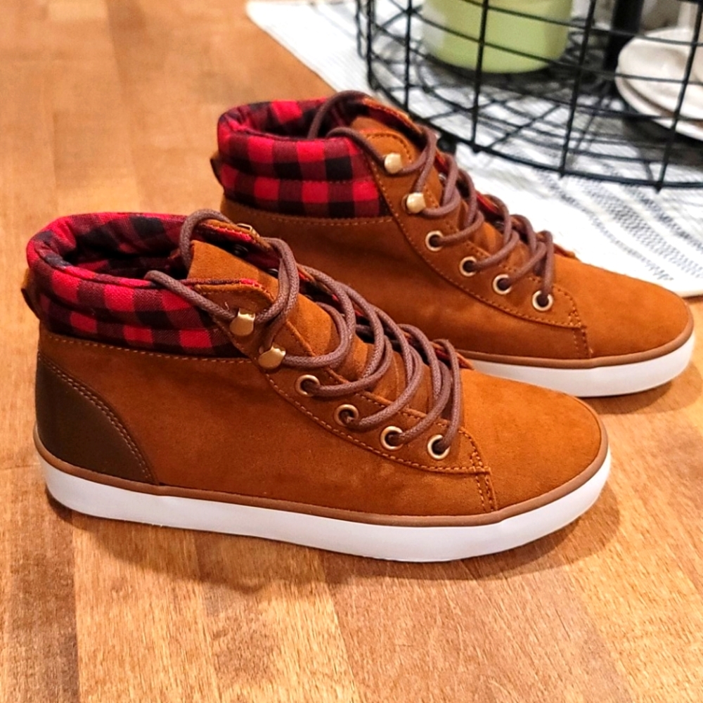 New Boys Gap Brown Plaid Sneakers Shoes